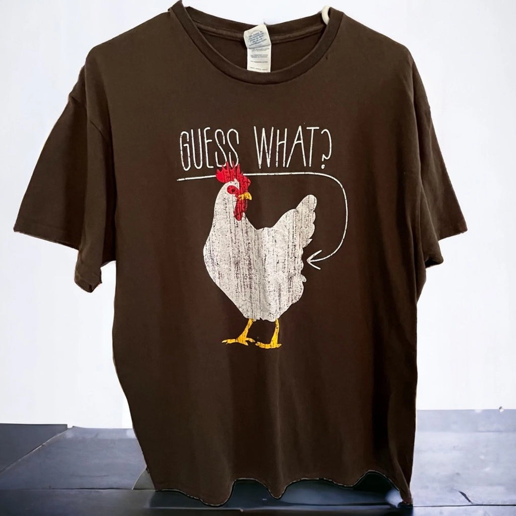 Guess What? chicken Butt Tee Mens Funny Tshirt Novelty Delta paper tag Large