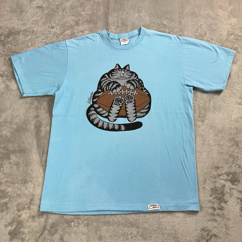 VTG Crazy Shirts Mens Large Teal Blue Graphic Print B Kliban Football Cat 90s