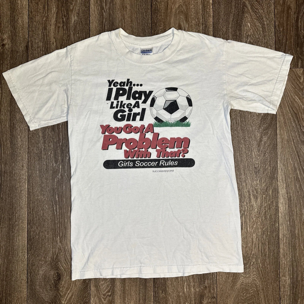 Vintage Y2K Soccer Yeah I Play Like A Girl White T-Shirt Small