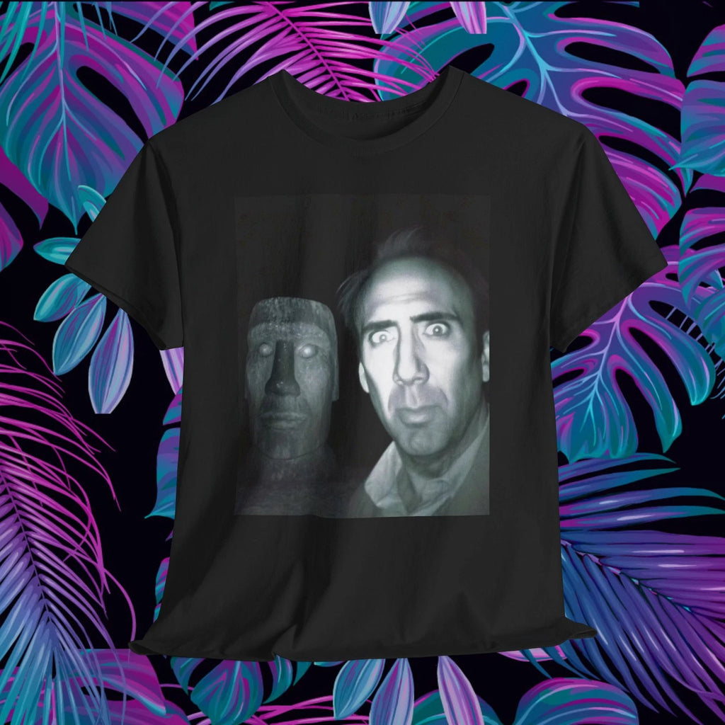 Nick Cage and Moai Head, funny novelty shirt, movie Nicholas Cage