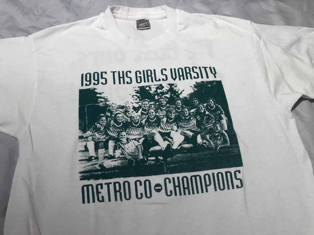 1995 Vintage 90s Varsity Girls Soccer Champions T-Shirt, White Fruit Of Loom L