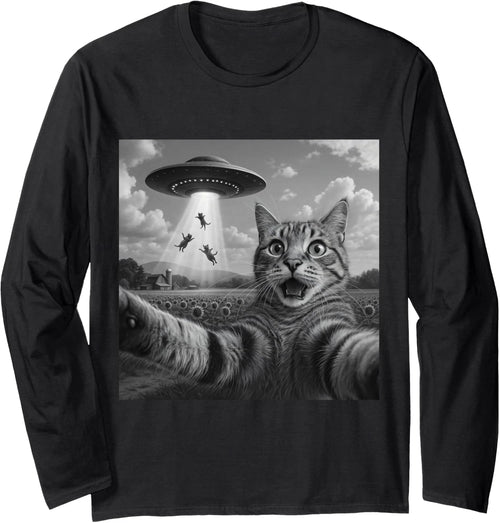 Alien Cat Selfie UFO Gifts - Funny Escape Humor Long Sleeve T-Shirt