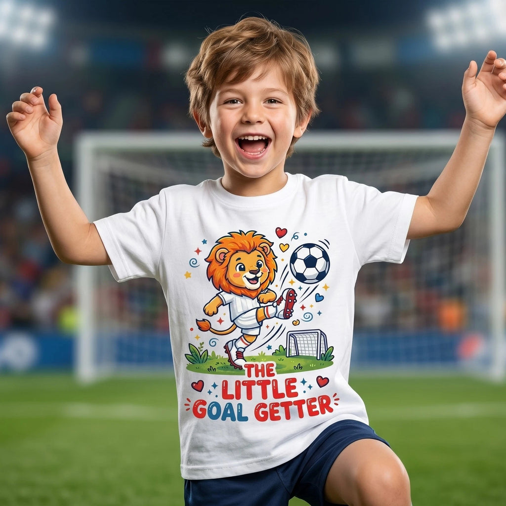 Kids Soccer Shirt Little Goal Getter Cartoon Lion Tee | Youth Football T-Shirt
