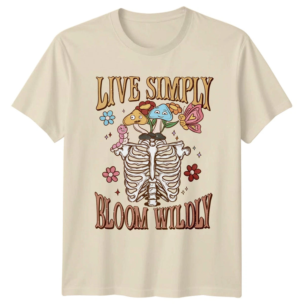 Live Simply Bloom Wildly T-Shirt Boho Floral Skeleton Nature