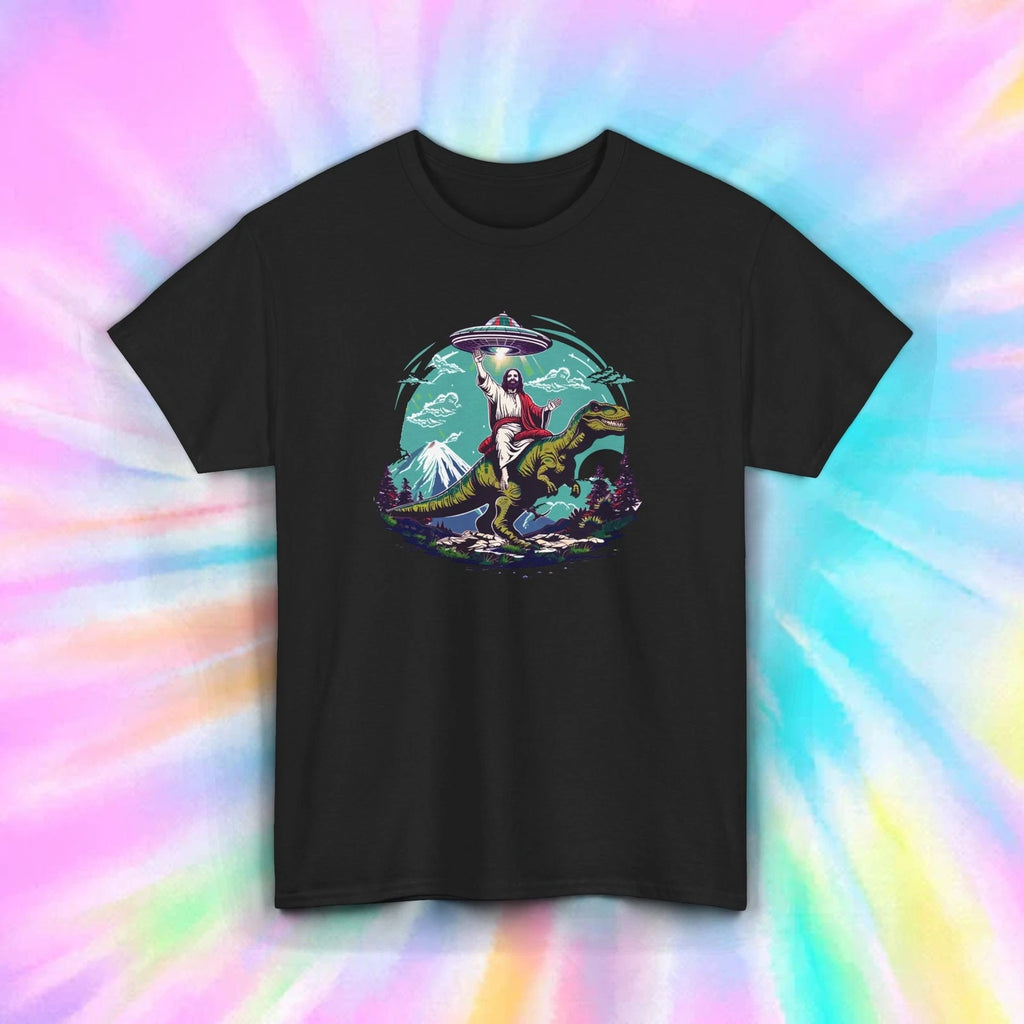 Funny Jesus Dinosaur UFO T-Shirt Sci-Fi Religious Alien Meme Tee S-5XL
