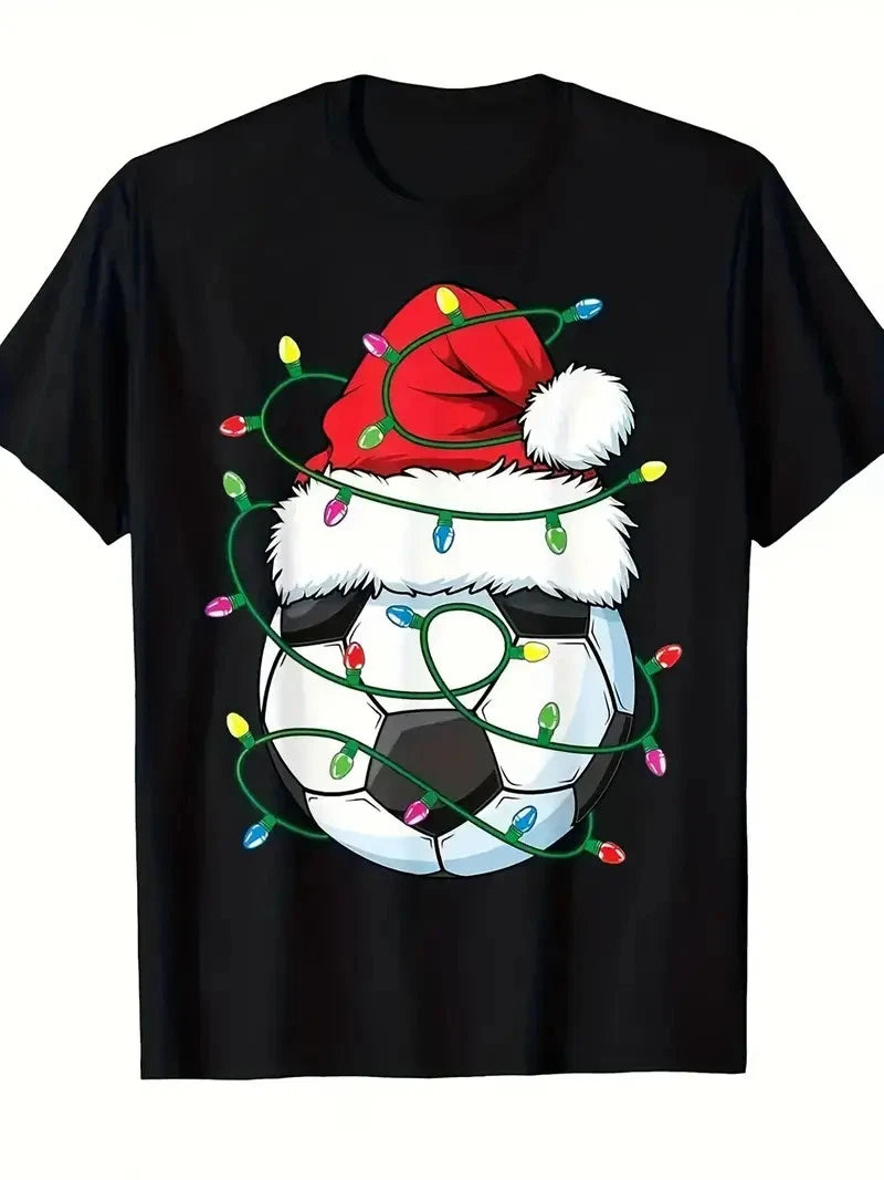 Boys' Black Soccer Football Christmas Lights T-Shirt with Santa & Goalpost Print
