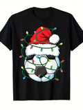 Boys' Black Soccer Football Christmas Lights T-Shirt with Santa & Goalpost Print