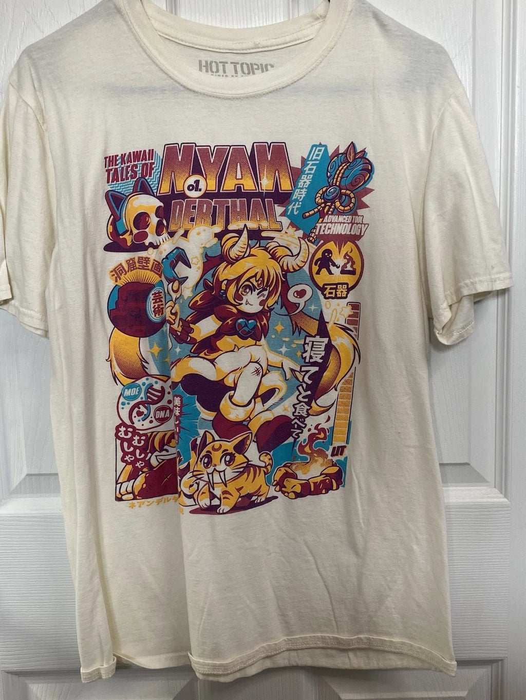 Hot Topic NYANDERTHAL Kawaii Graphic Tee Men’s Size M Cream T W/Graphic