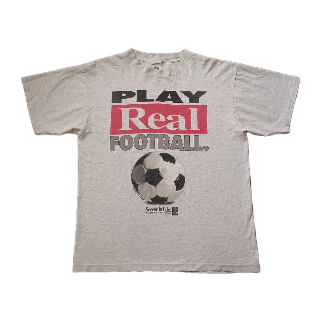 Vtg Big Ball Sports T Shirt Mens XL Gray Play Real Football Soccer Is Life 90s