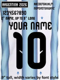 ARGENTINA 2026 CUP World IRON ON heat press transfer numbers soccer jersey