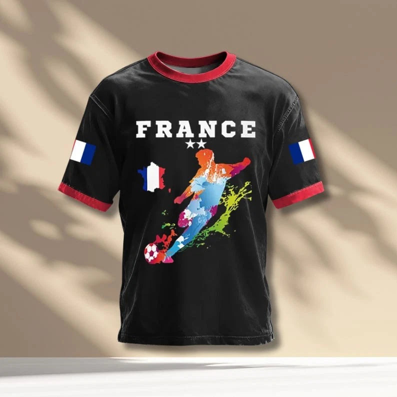 France Soccer Fan Graphic Ringer Tee, Tricolor Flag Sleeves, Color Splash Player