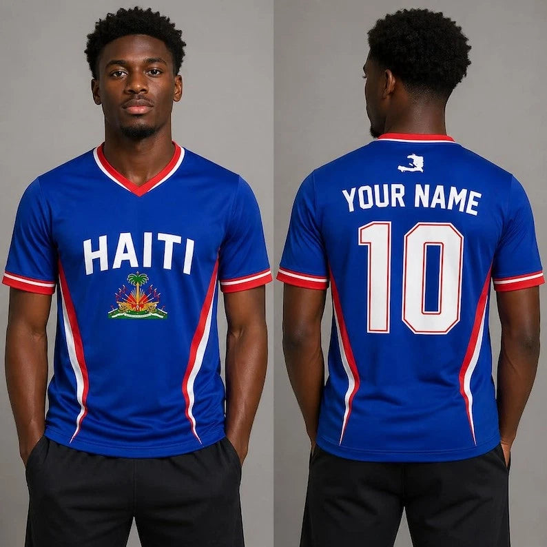 Custom Haiti Soccer Shirt, Blue Red White Athletic Tee, Personalized Football