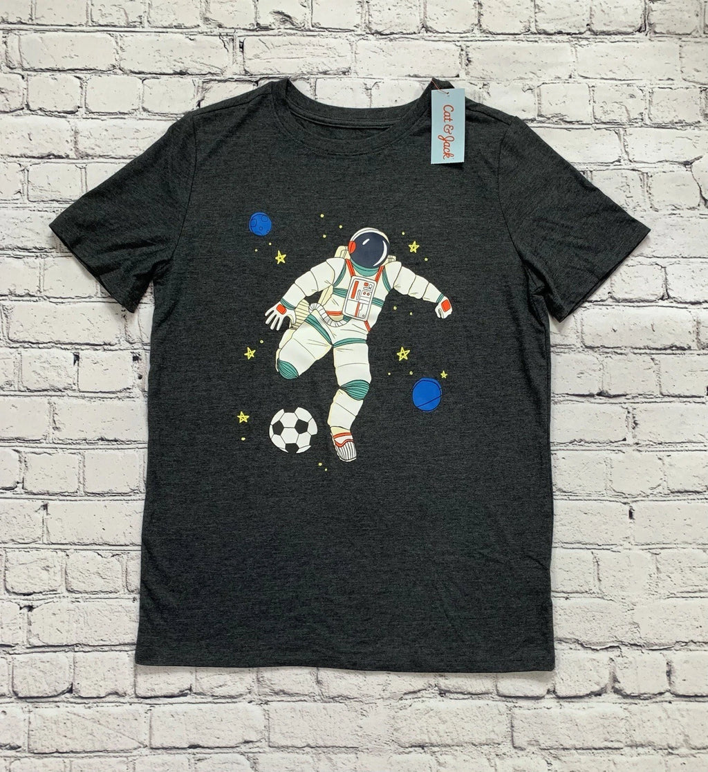 NWT Cat & Jack Boys XXL (18) Charcoal Soccer Astronaut Outer Space T-Shirt