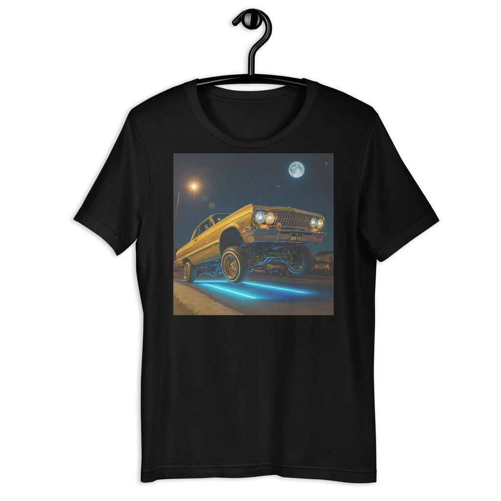 Yellow Lowrider Hopping Car Shirt Neon Night Classic Chicano Style Tee