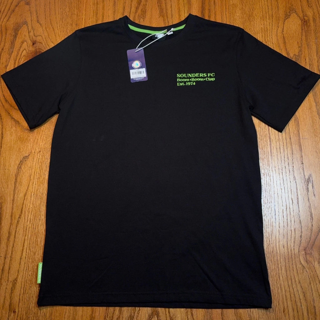 MLS Seattle Sounders FC T-Shirt Mens Small Black Relaxed Fit Boom Boom Clap Tee