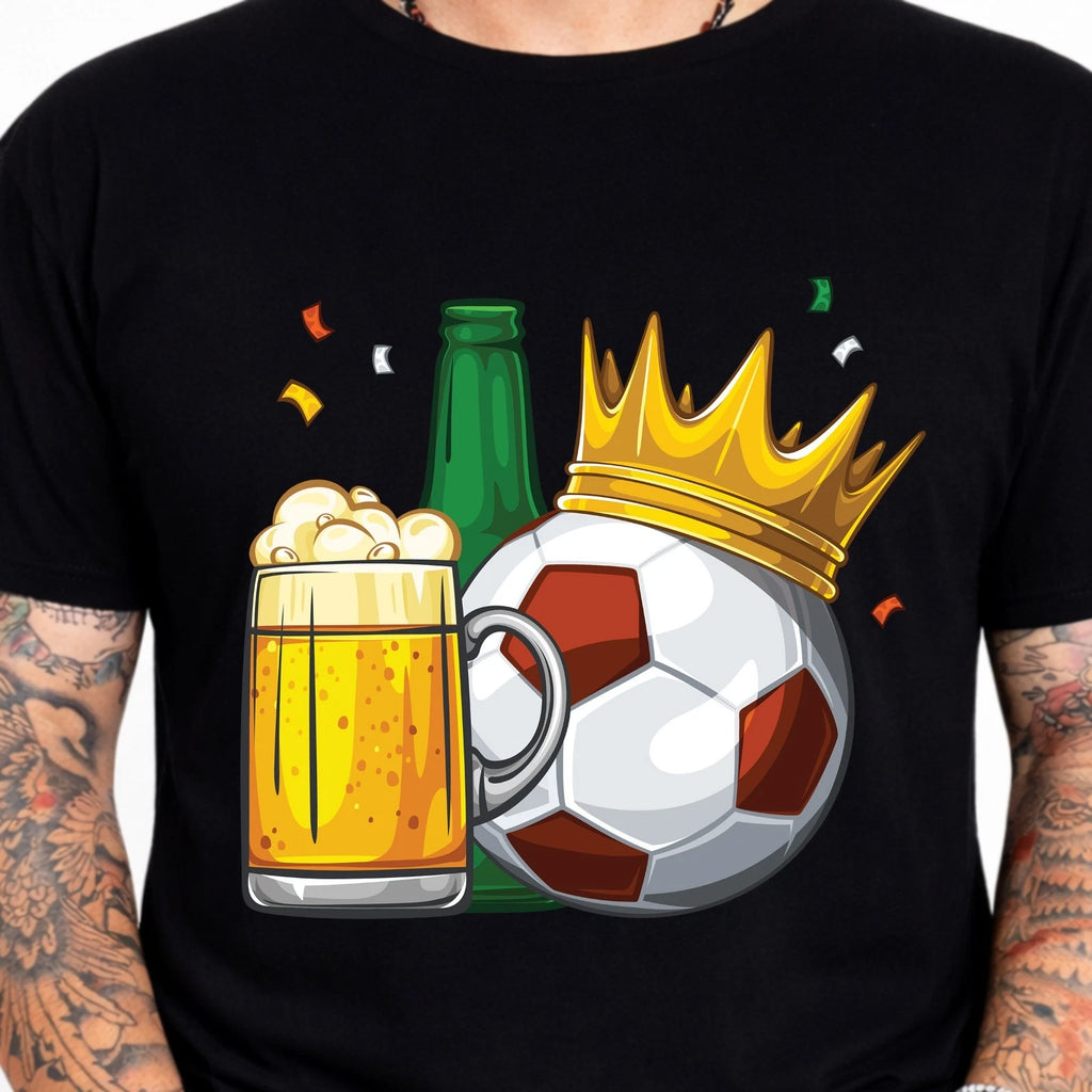 Football Beer Crown Graphic T-Shirt Soccer Fan Pub Drinking Matchday Funny Tee