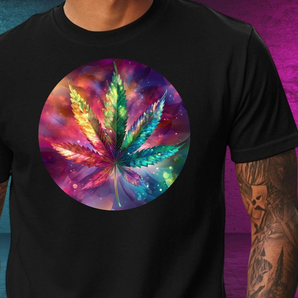 Mens Rainbow Cannabis Leaf Motif Cotton T-Shirt Size XS to 5XL