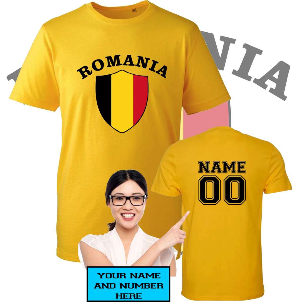 Personalised Romania football T-Shirt Team Soccer Fan Mens Unisex Tee Top Custom