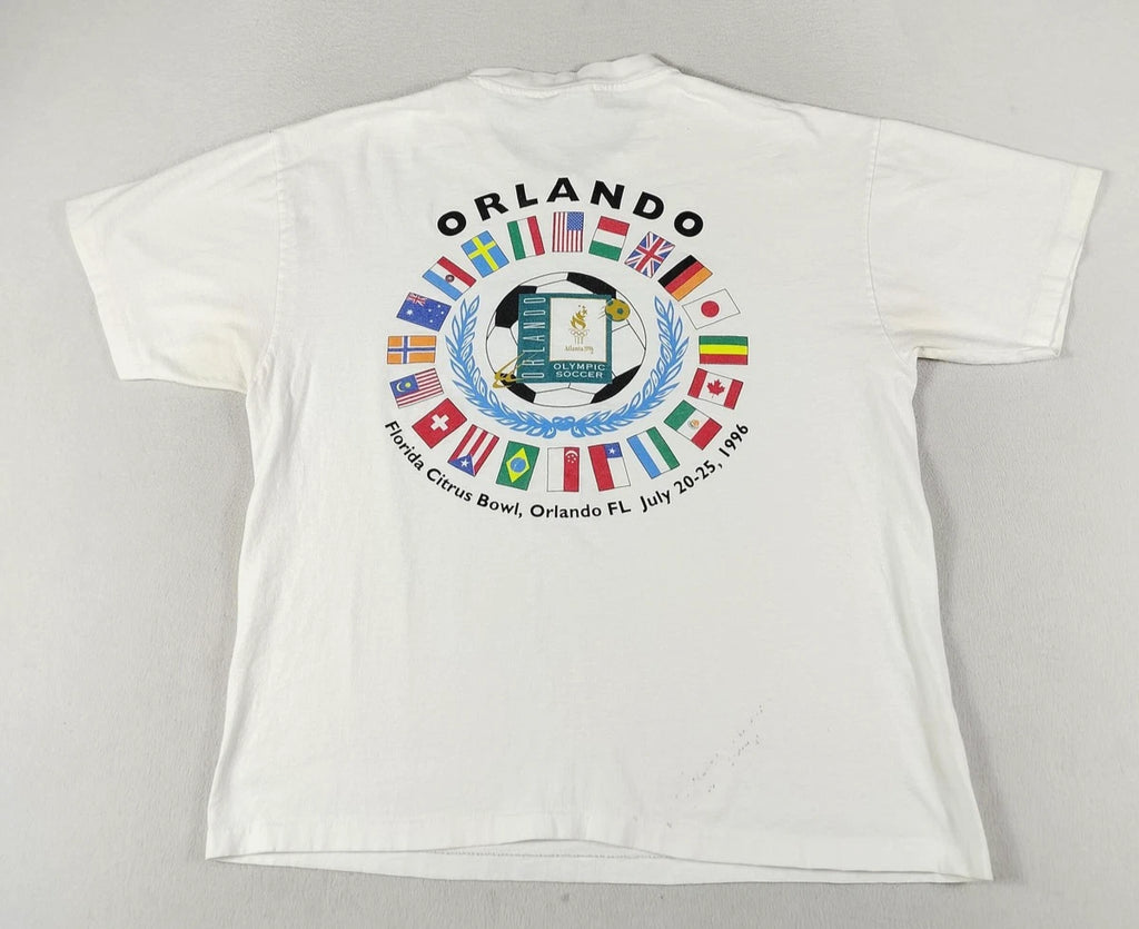 Vintage Hanes Shirt Mens XL White Orlando Olympic Soccer Flags 1996 Graphic