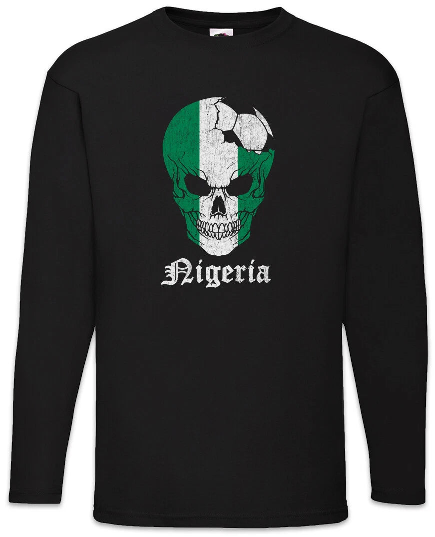 Nigeria Football Skull I Men's Long Sleeve T-Shirt Nigerian Soccer Flag World