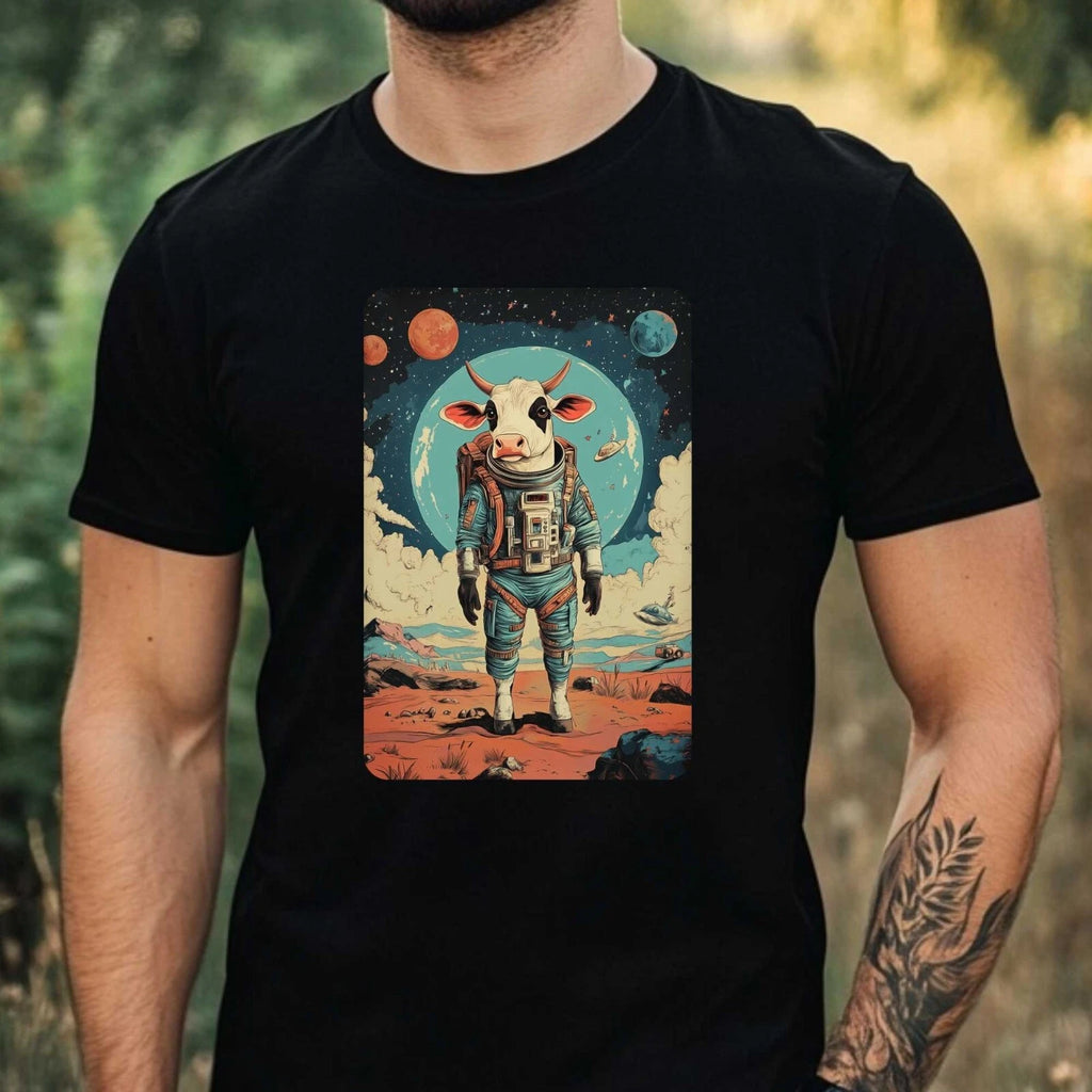 Mens Cow as Astronaut Motif Cotton T-Shirt Size XS to 5XL