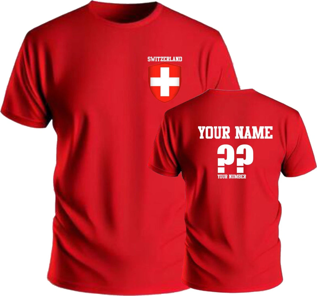 Personalise Switzerland Football T-Shirt Soccer Fans Sports Costume Flag Badge