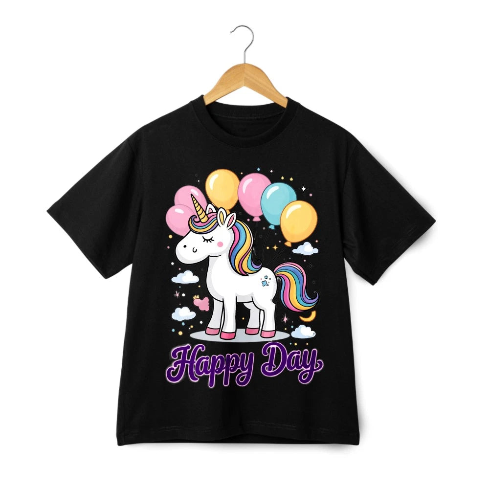 Unisex Casual Cartoon Unicorn&Happy Day Print T-shirt|Cotton Crew Neck|Daily Tee