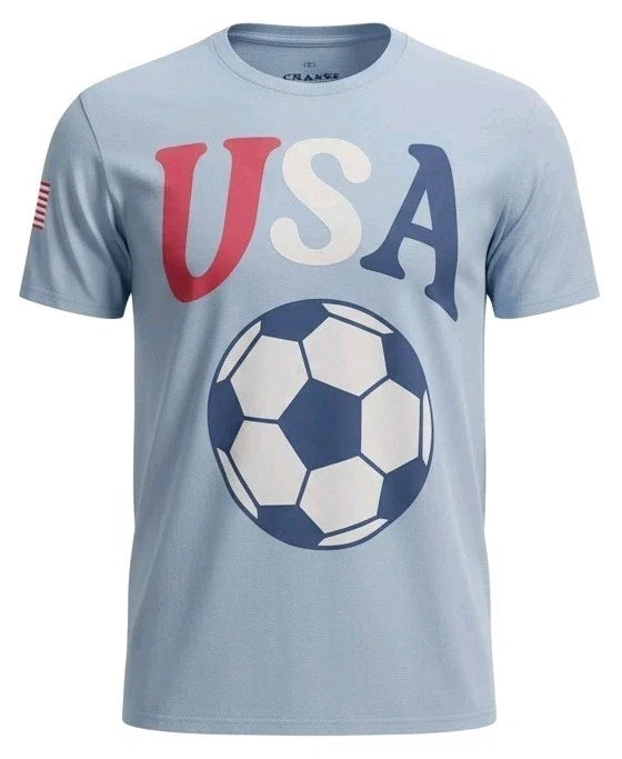 Strange Daze USA Soccer Ball Puff Print T-Shirt Men’s Large Baby Blue Graphic