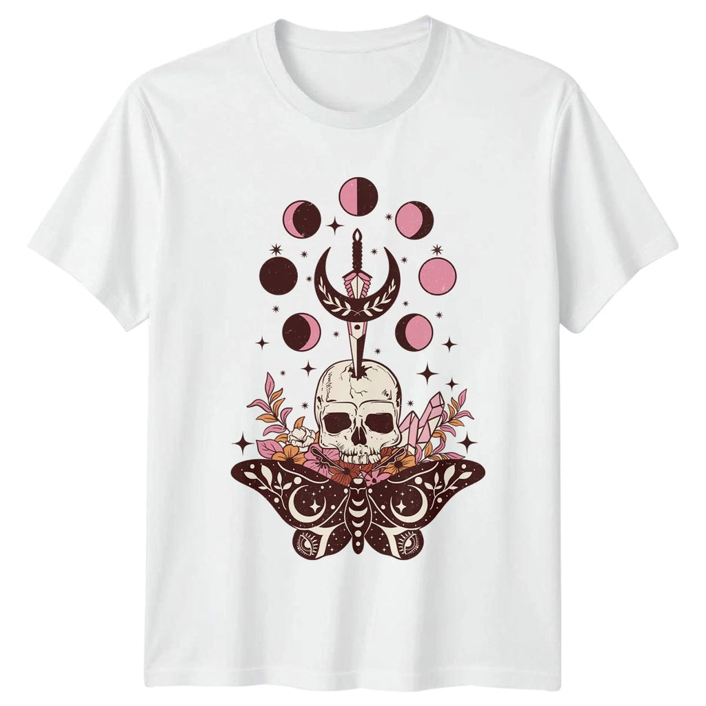 Mystical Celestial Moon Skull Moth Womens T-Shirt Halloween Gift For Her