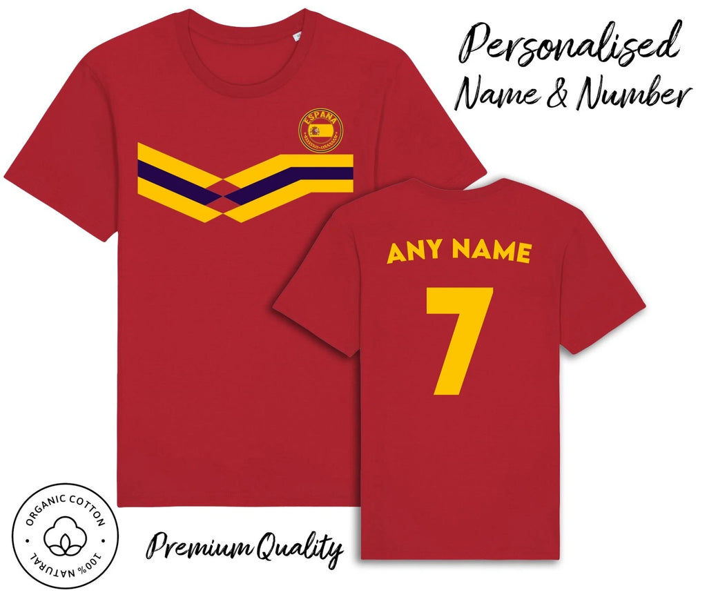 Spain Strip T-Shirt 2026 Personalised Name & No Adult Kids Baby, Football Euro
