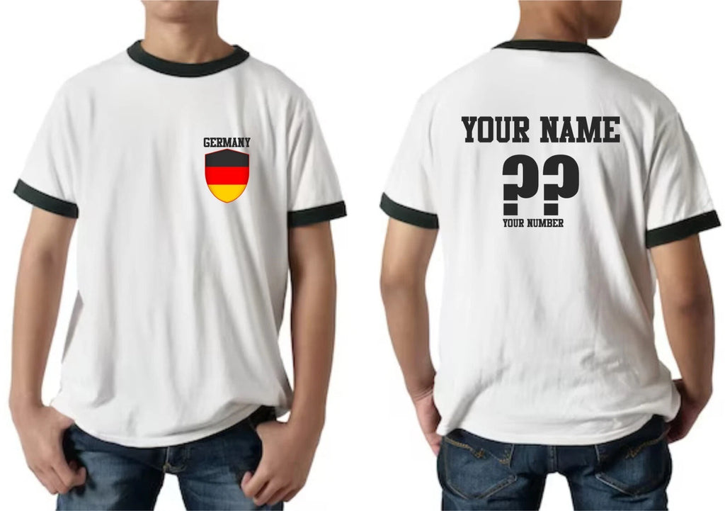 Personalised Germany Football Ringer T-Shirt Soccer Fans Sports Costume Flag Top