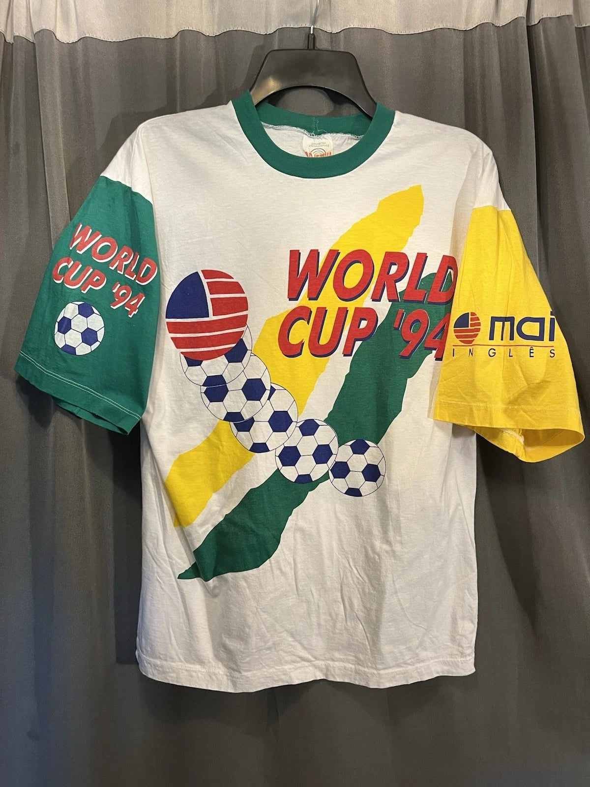 Vintage 1994 World Cup White Green Yellow Tricolor Soccer Graphic Shirt Objetiva