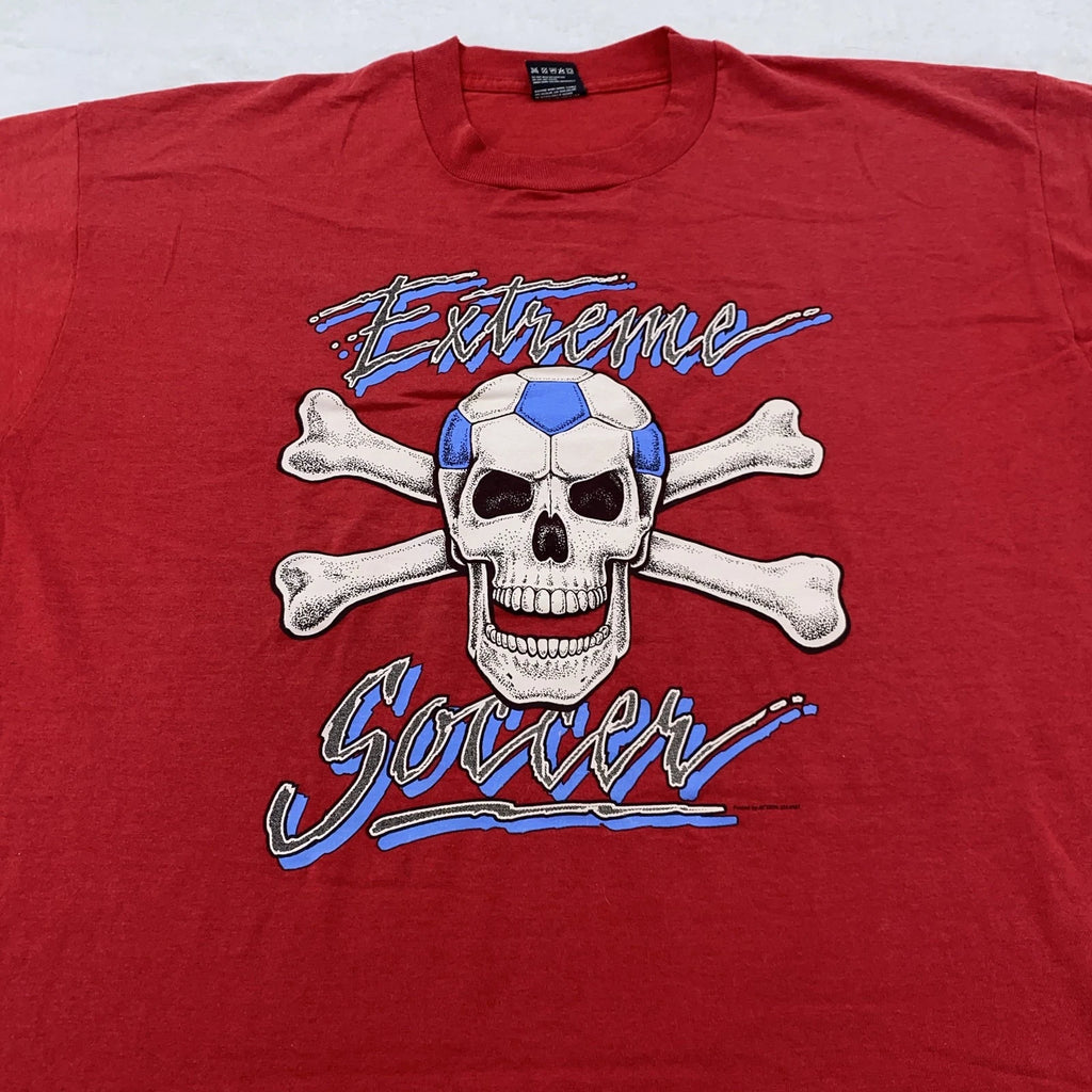 Vintage Extreme Soccer Shirt Mens 2XL Red Skull Bones Skeleton Made USA 90s Tee