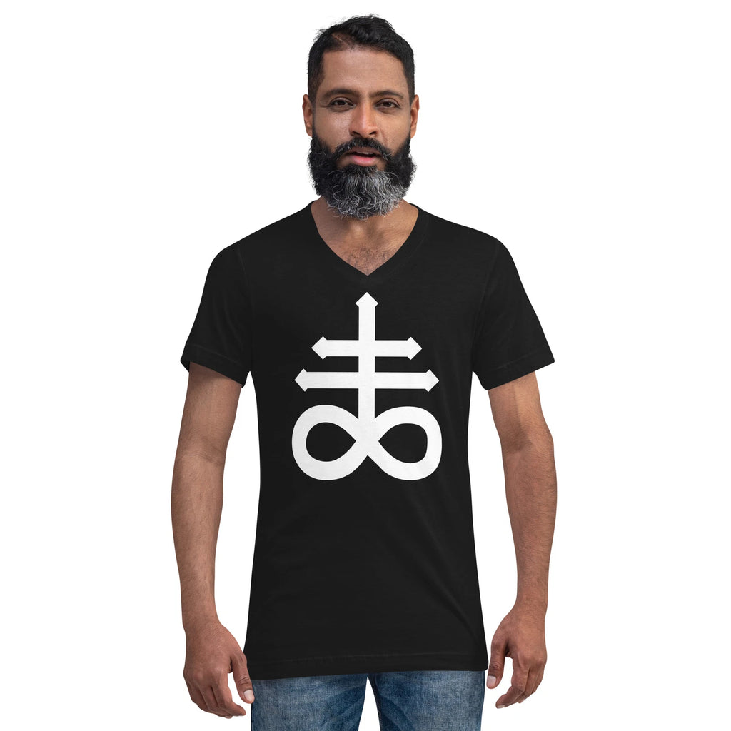 White Leviathan Cross of Satan Occult Unisex Short Sleeve V-Neck T-Shirt