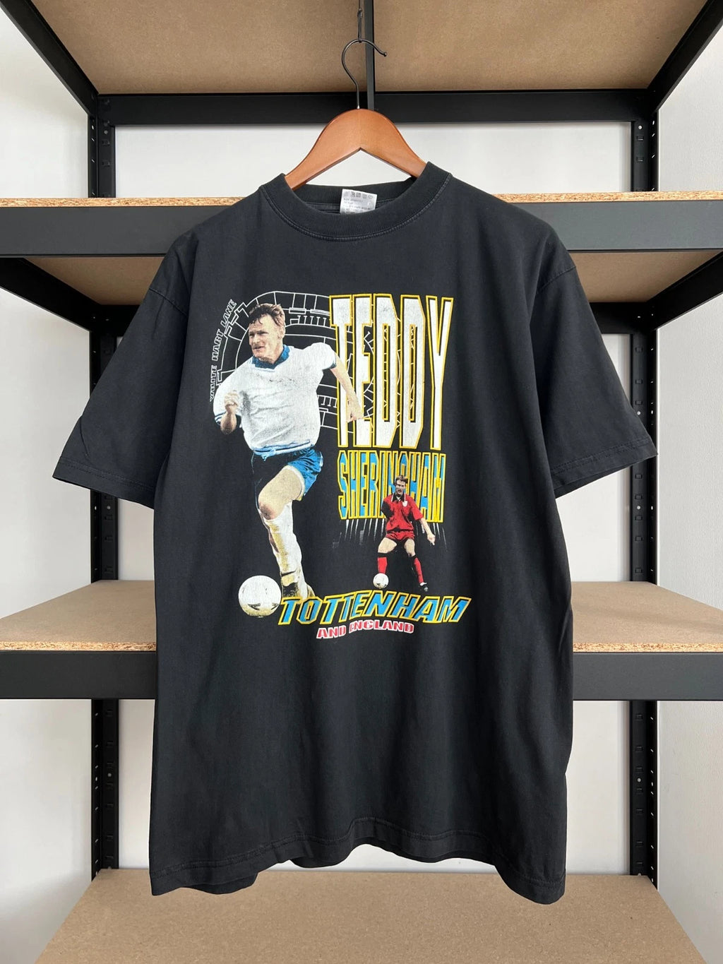 Vintage 90s Teddy Sheringham Tottenham England Soccer Black T-shirt Sz XL