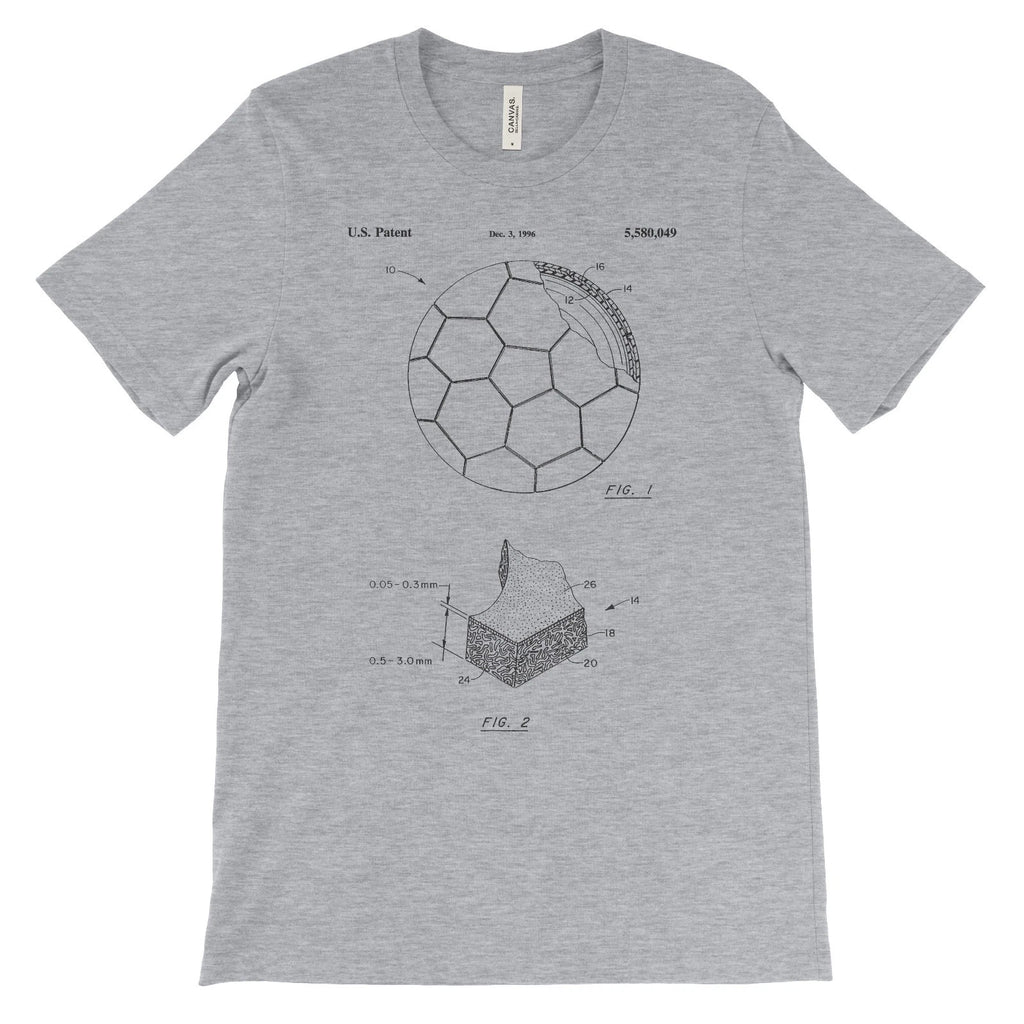 Soccer Ball Patent T-Shirt.100% Cotton Comfy Tee on Black White or Gray. NEW