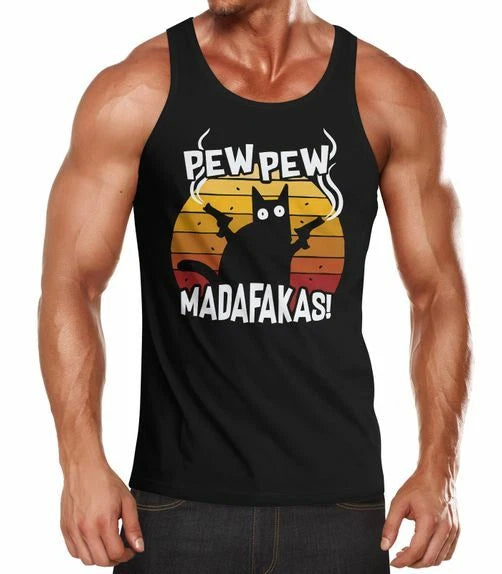 Herren Tanktop Pew Pew Madafakas Katze Western Cat Meme Fun-Shirt Spruch
