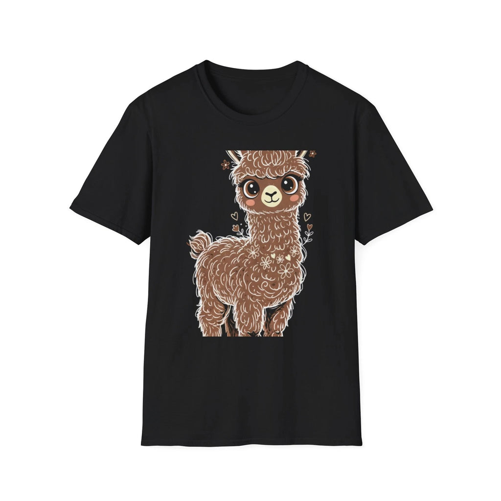 Llama Cute Kawaii Floral Heart Cartoon Hand-Drawn Black Tee Graphic T-Shirt
