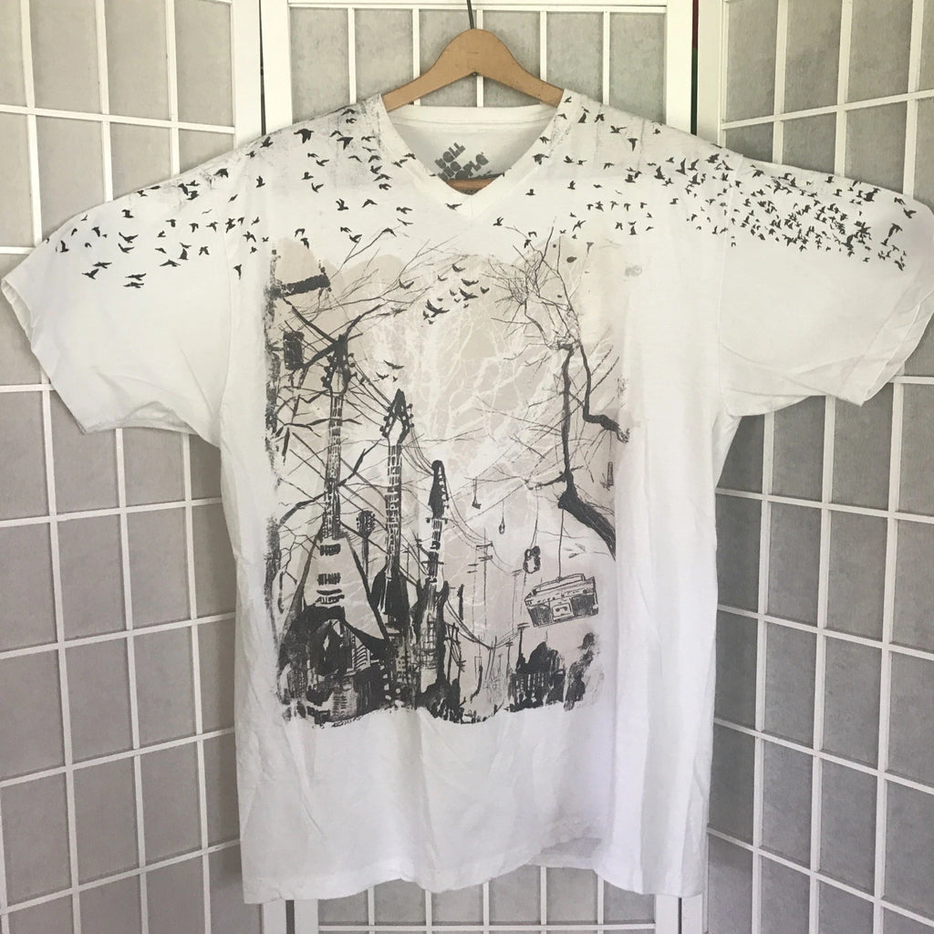 Tell The People T-Shirt XL Guitar Telephone Poles Birds Artistic Design to Wear
