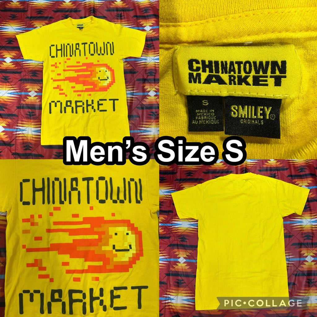 Chinatown Market Smiley T-Shirt Mens Small Yellow Fireball Logo Pixel Art Tee