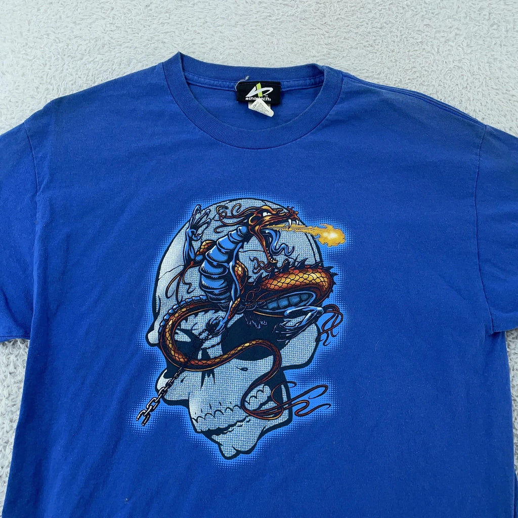 Vintage Dragon Skull T-Shirt Medium Blue Tee Fire Breathing Fantasy Art Y2K