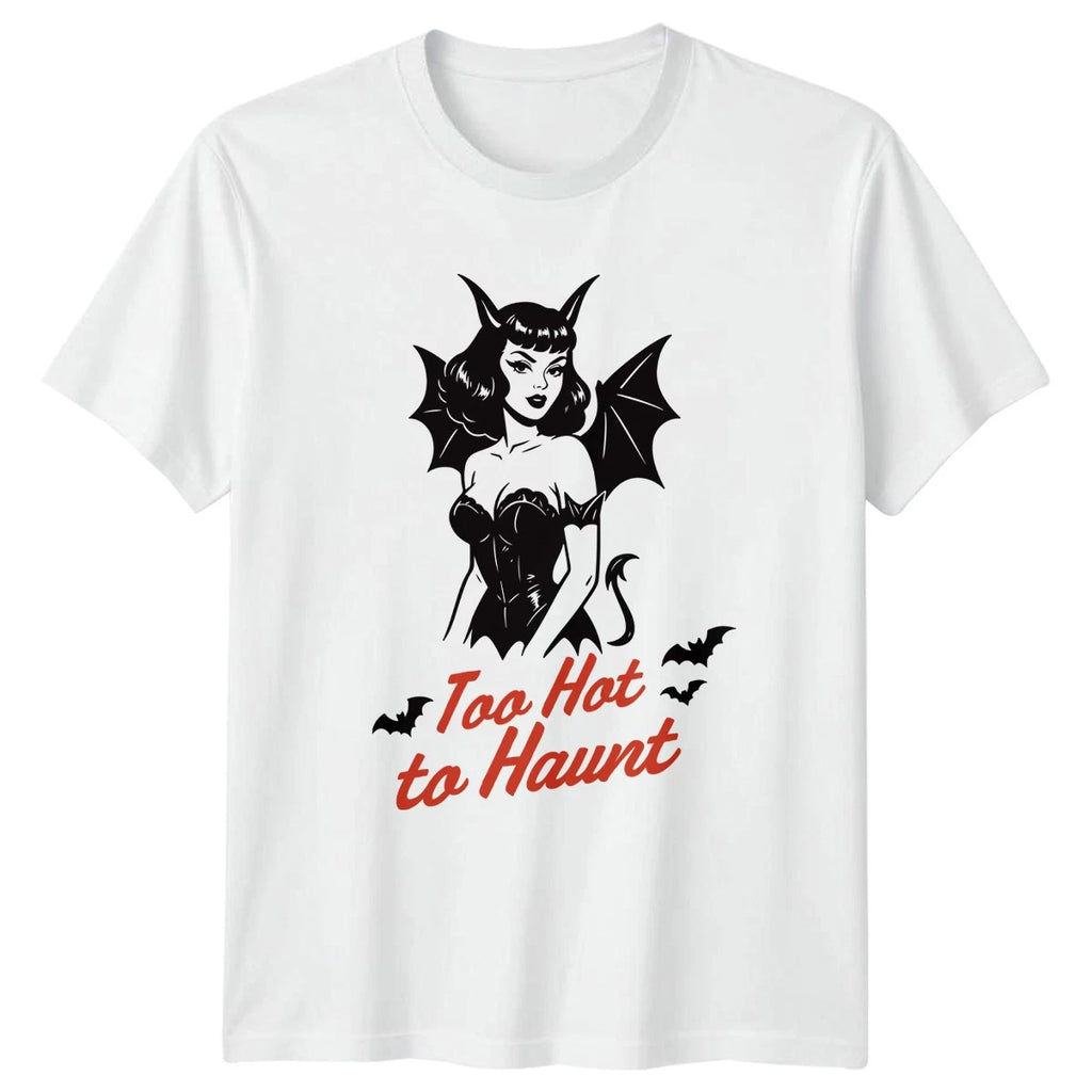 Too Hot To Haunt Pinup Devil Halloween Mens Womens Graphic Tee Shirt