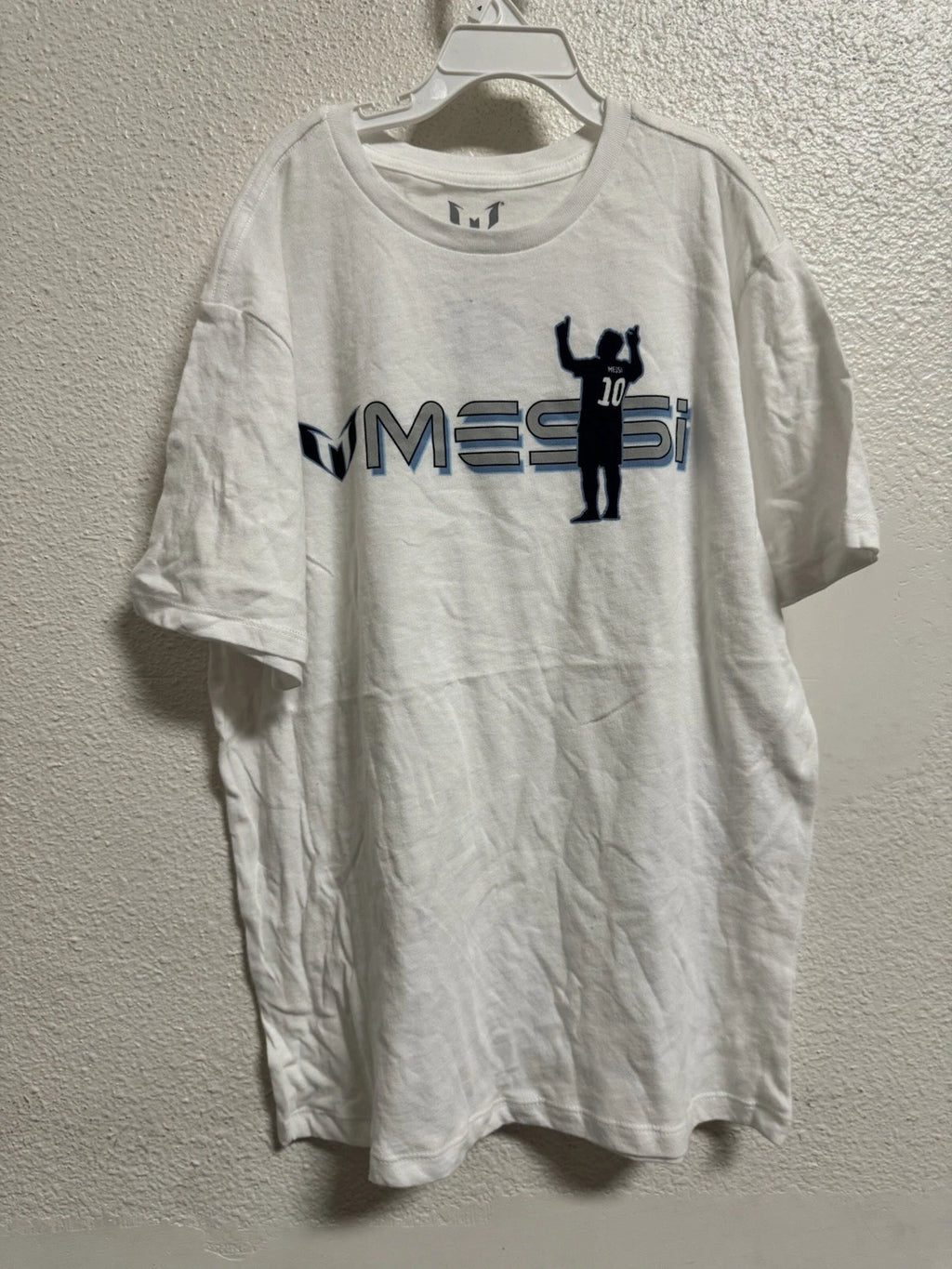 💝 MESSI Graphic T-Shirt Boys XL White Short Sleeve Crew Neck Soccer Football
