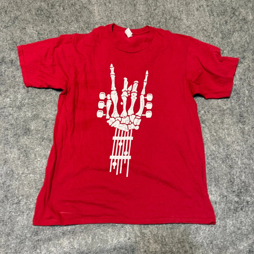 Port Company Mens T-Shirt Size M Red Guitar Skeleton Print Short Sleeve