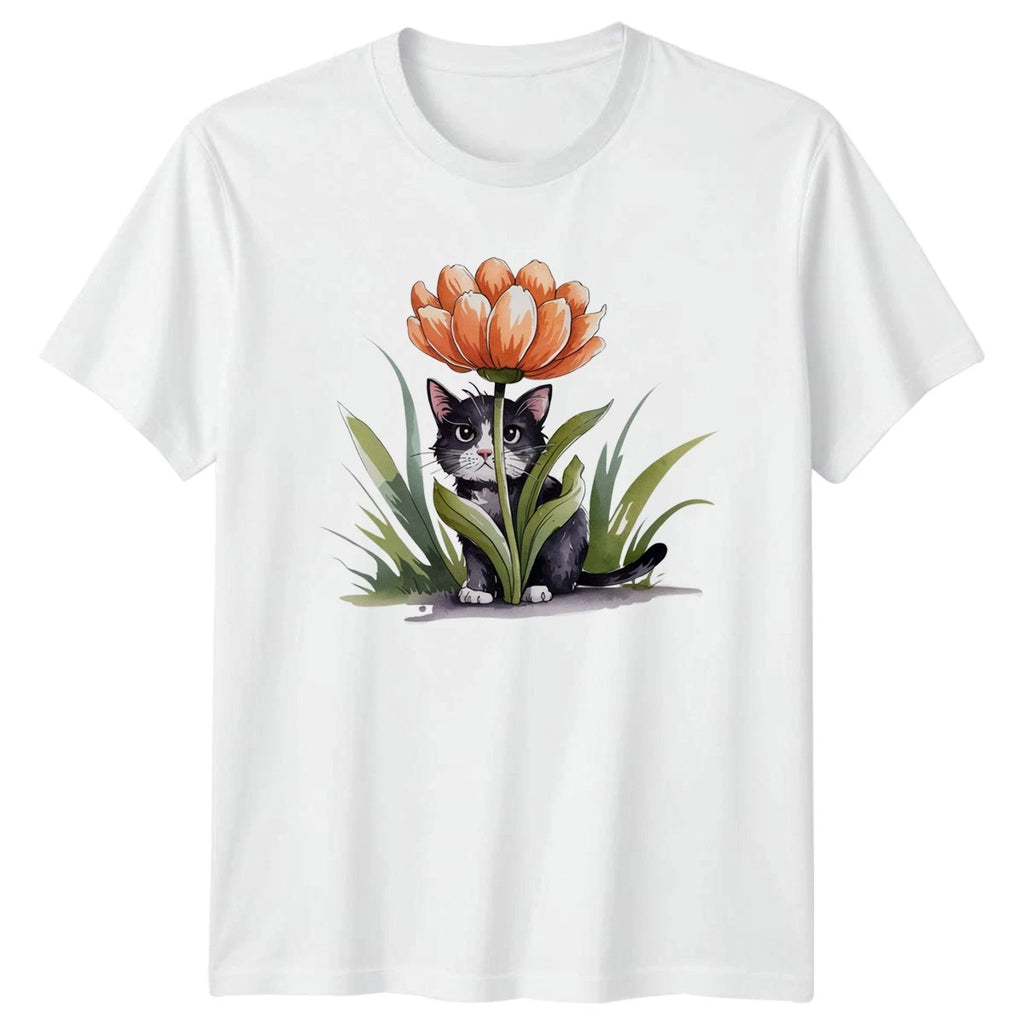 Cute Kitten Peeking Flower Design T-Shirt Floral Birthday Gift For Him And Her