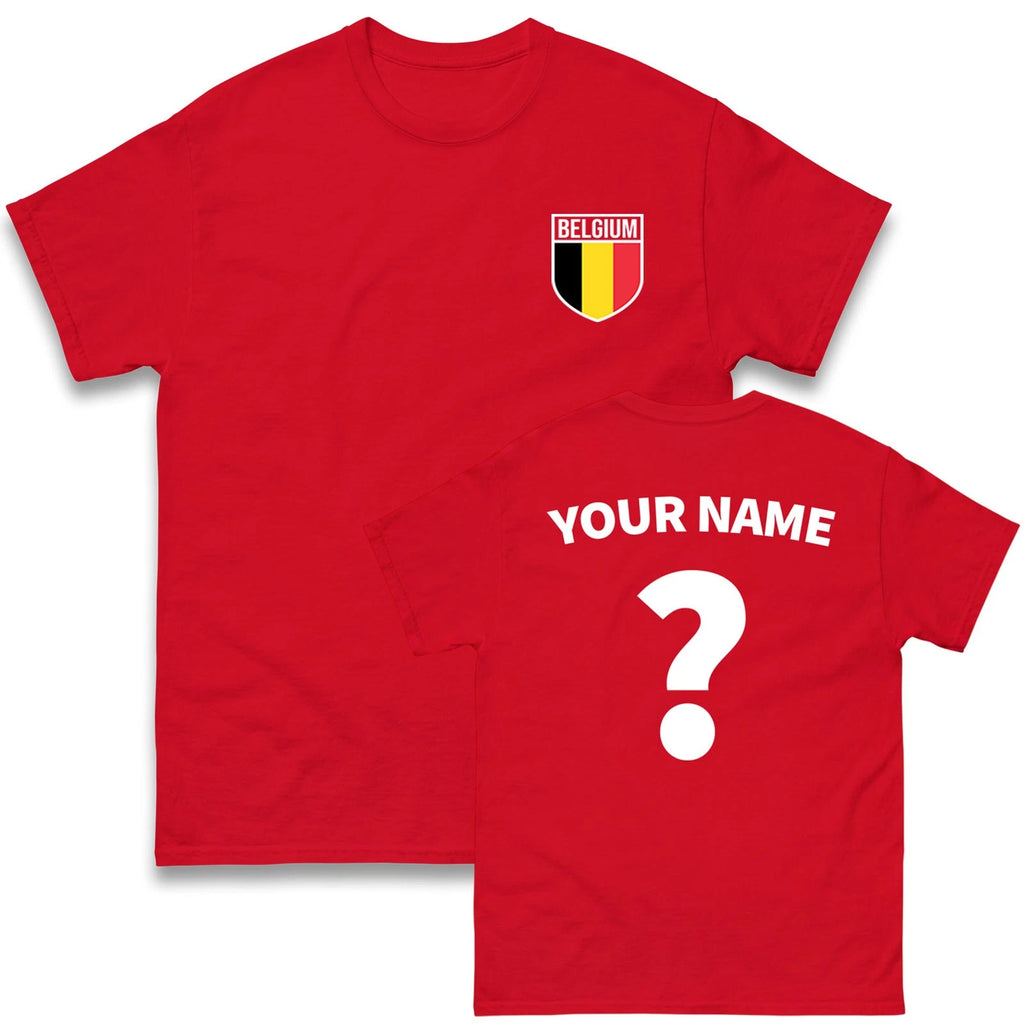 Personalised Belgium Flag Badge football T-Shirt, Custom Name and Number Tee