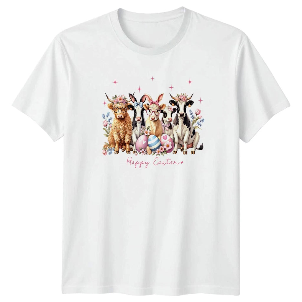 Happy Easter Womens T-Shirt Floral Cow Farm Animal Easter Gift For Her
