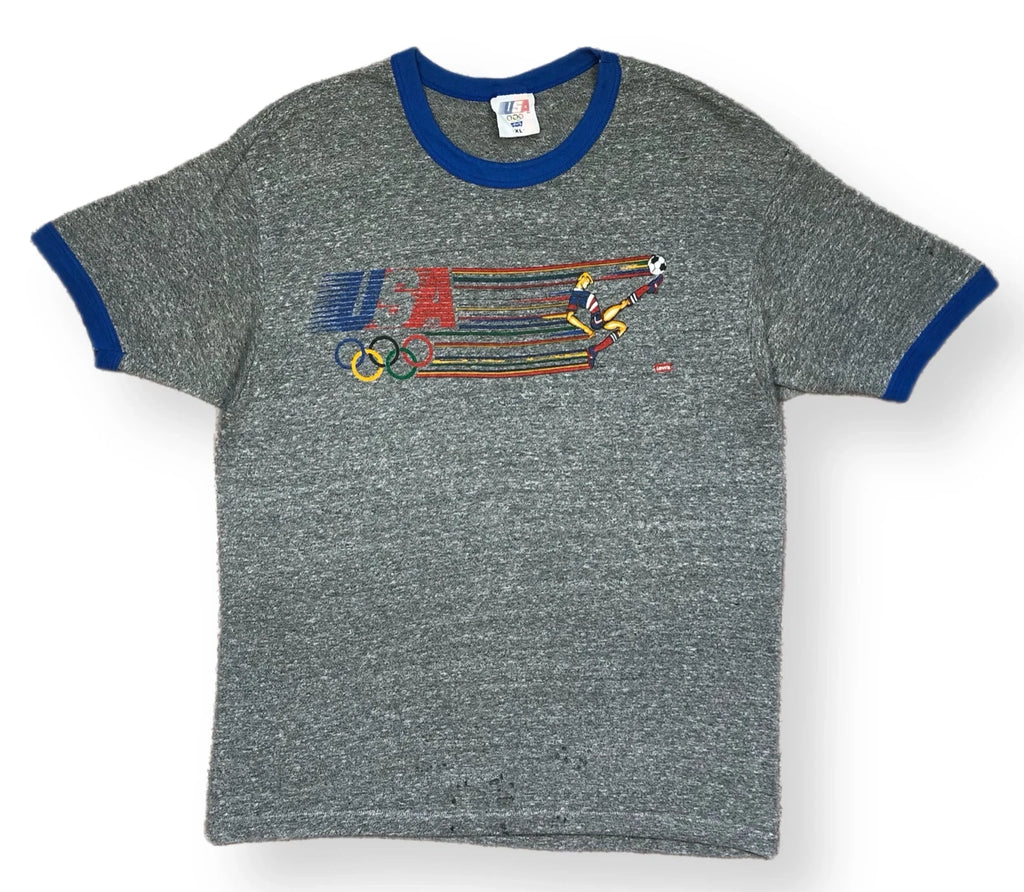 Vintage 1984 Olympic Games LA Levis USA Soccer Graphic Ringer T-Shirt Size XL