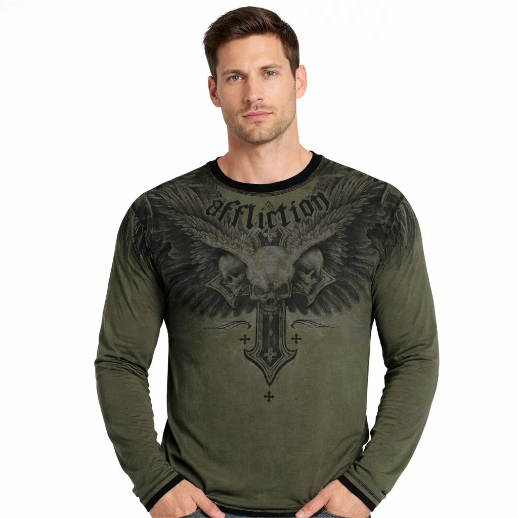 Affliction Reversible Long Sleeve T-Shirt XL Skull Cross Wings Y2K Green Black