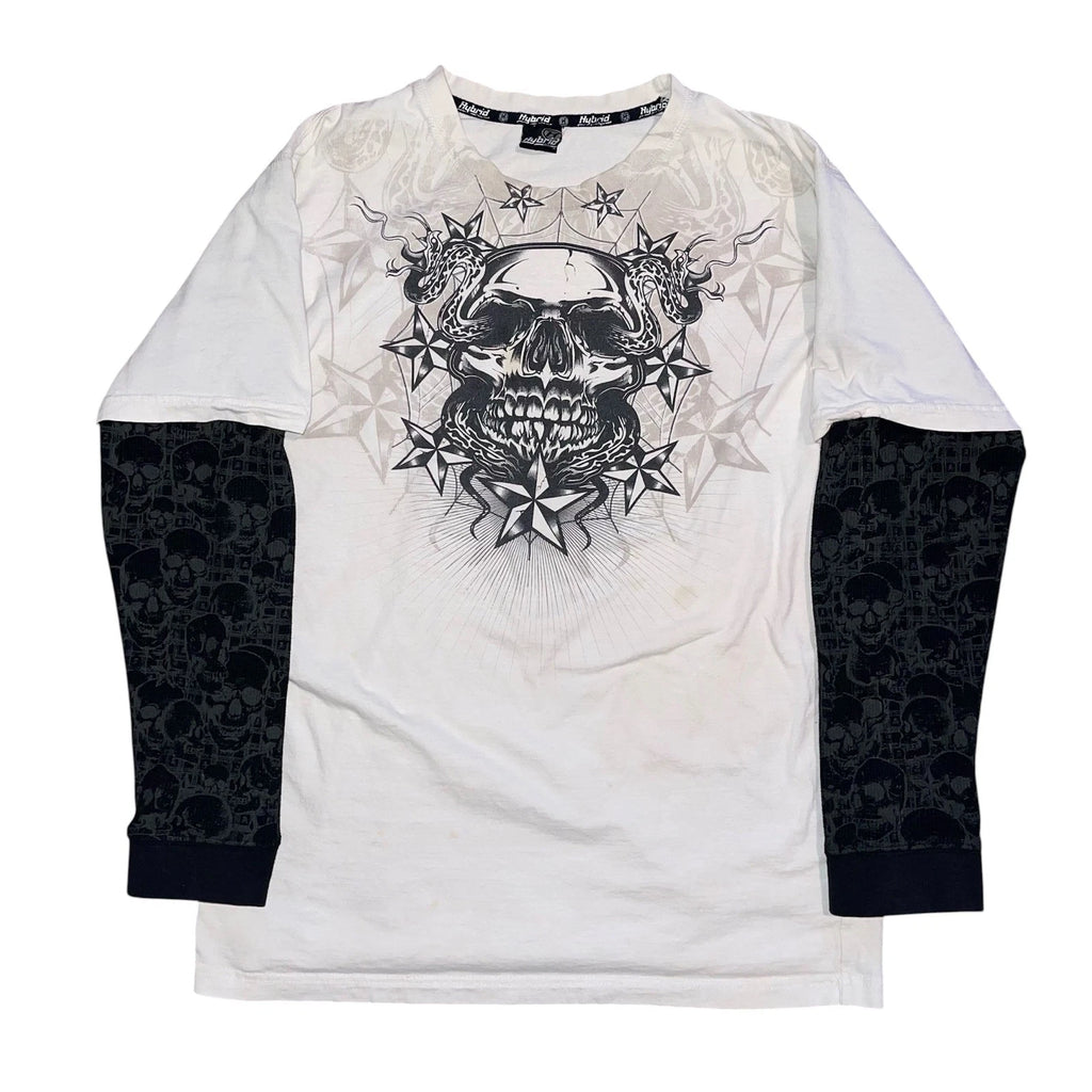 Hybrid Skull Graphic Long Sleeve Layered Shirt White Black Y2K Skater Stains